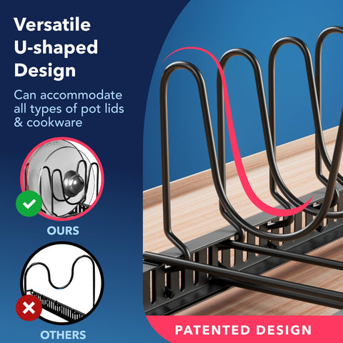 Better Things Home all-in-one cabinet organizer neatly holds lids and small cookware.