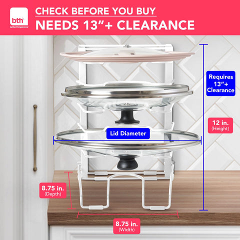 Better Things Home free-standing lid rack in pantry keeps lids neatly arranged.
