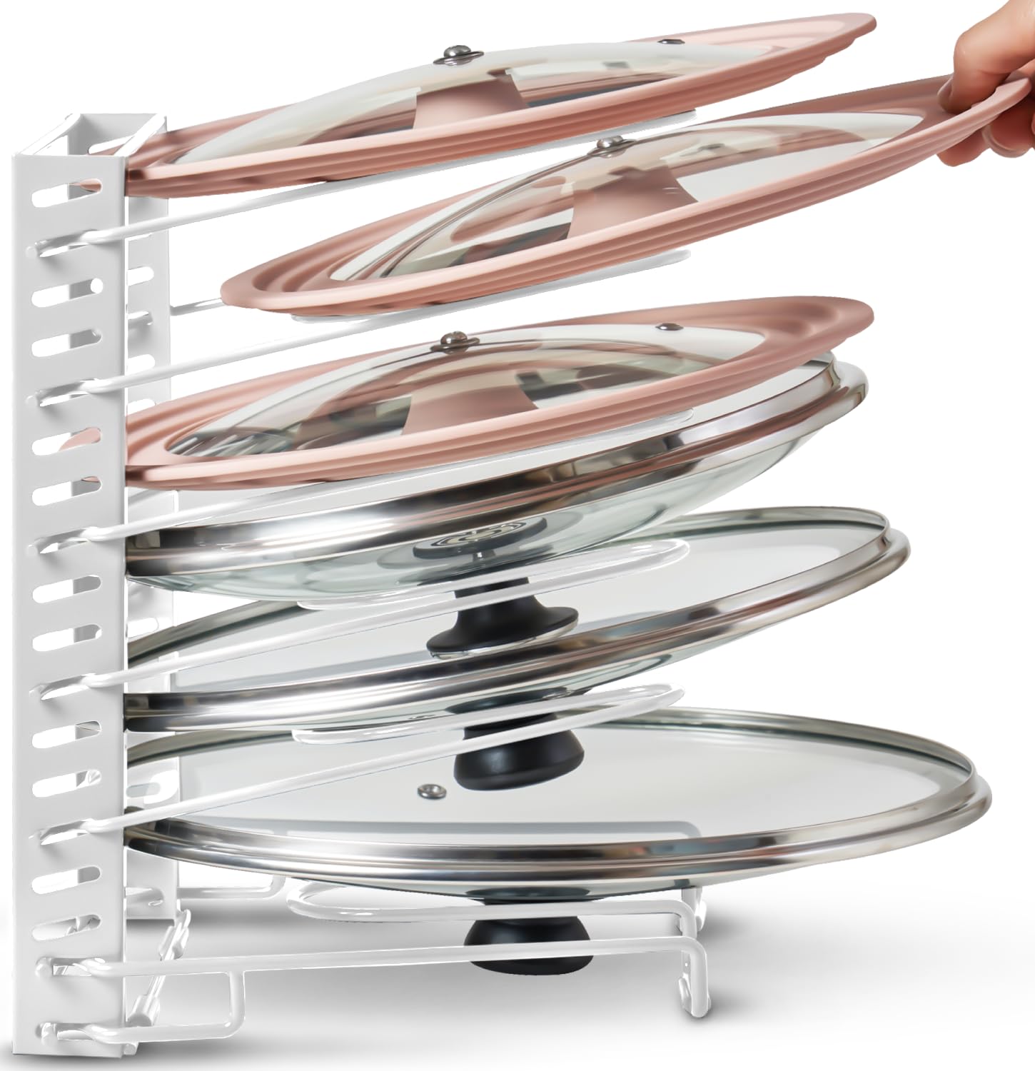 Better Things Home pot lid organizer front view showing compact lids organized for cabinet storage.