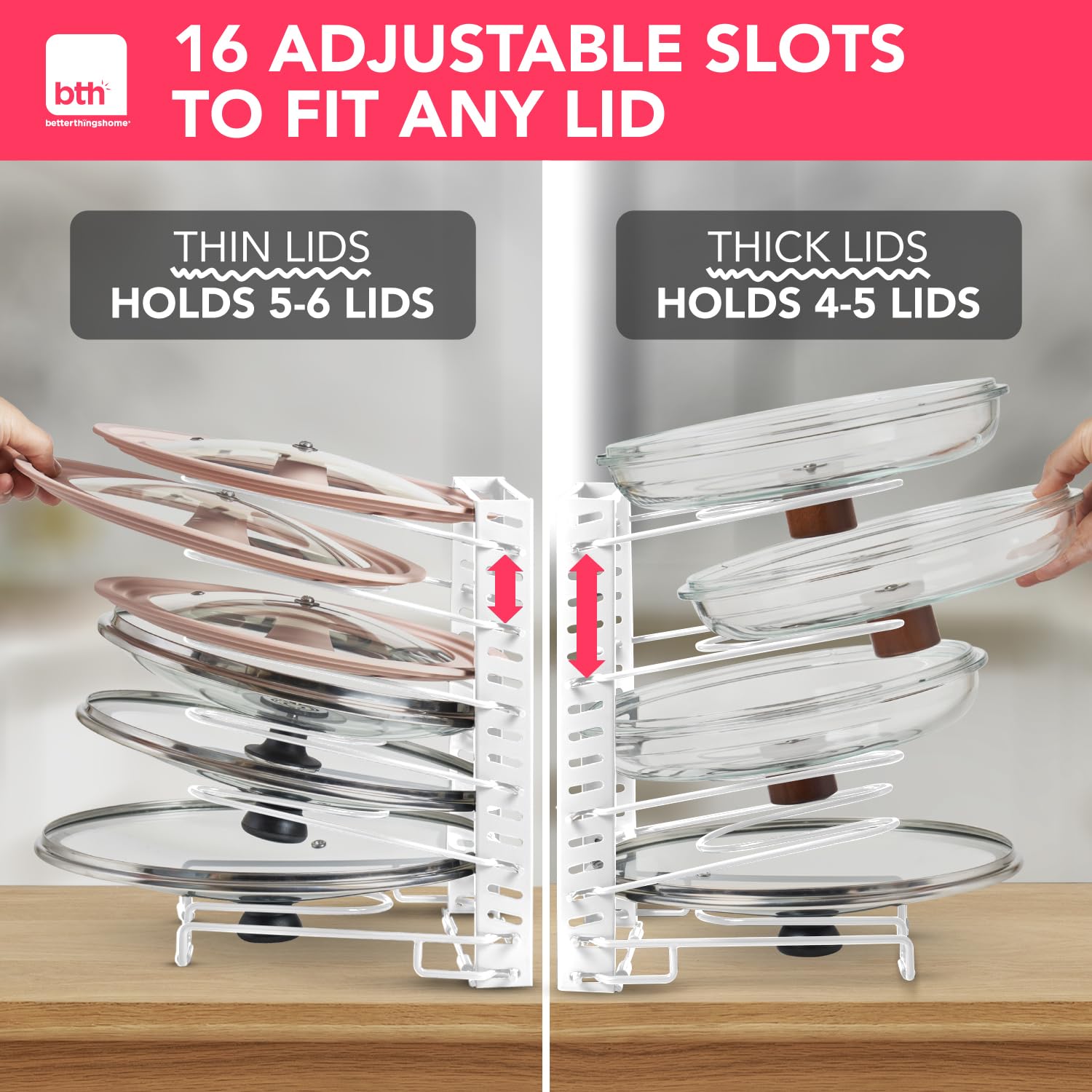 Better Things Home six-slot lid rack fits lids up to 12 inches for varied shapes.
