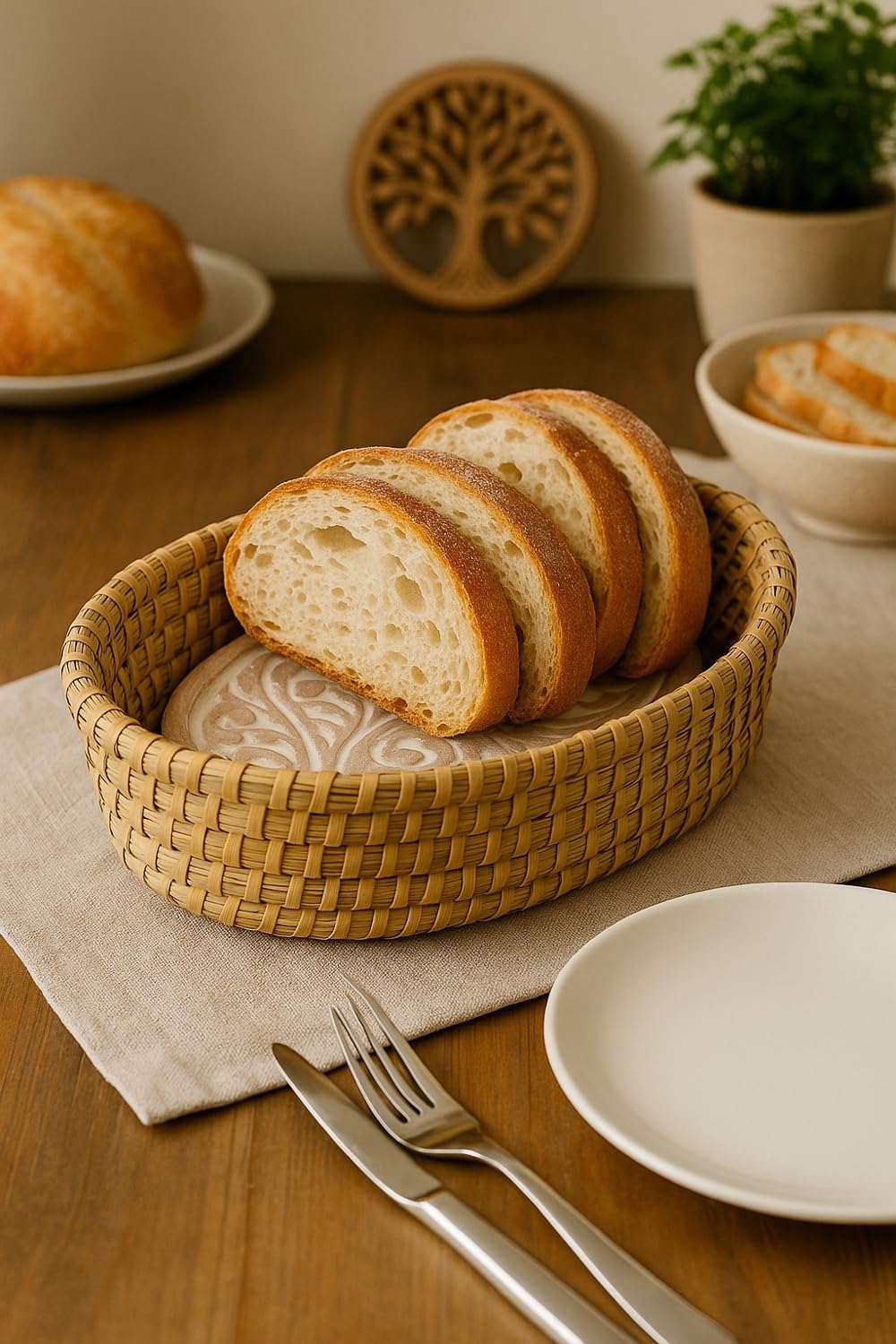 Front view of Better World Bio bread basket with terracotta warmer for warm presentation