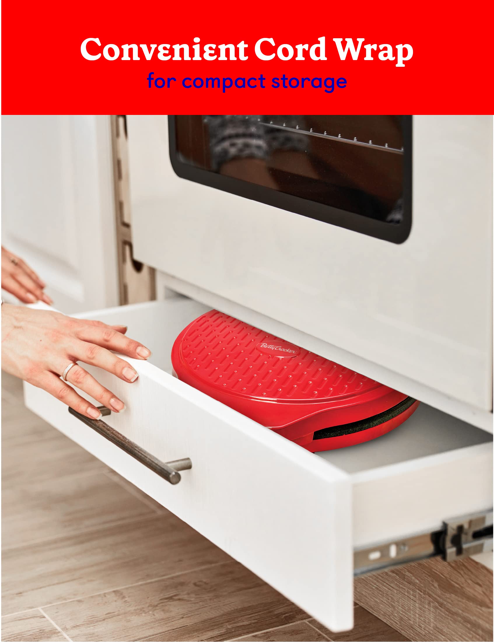 Betty Crocker countertop pizza maker compact design fits on small countertops.