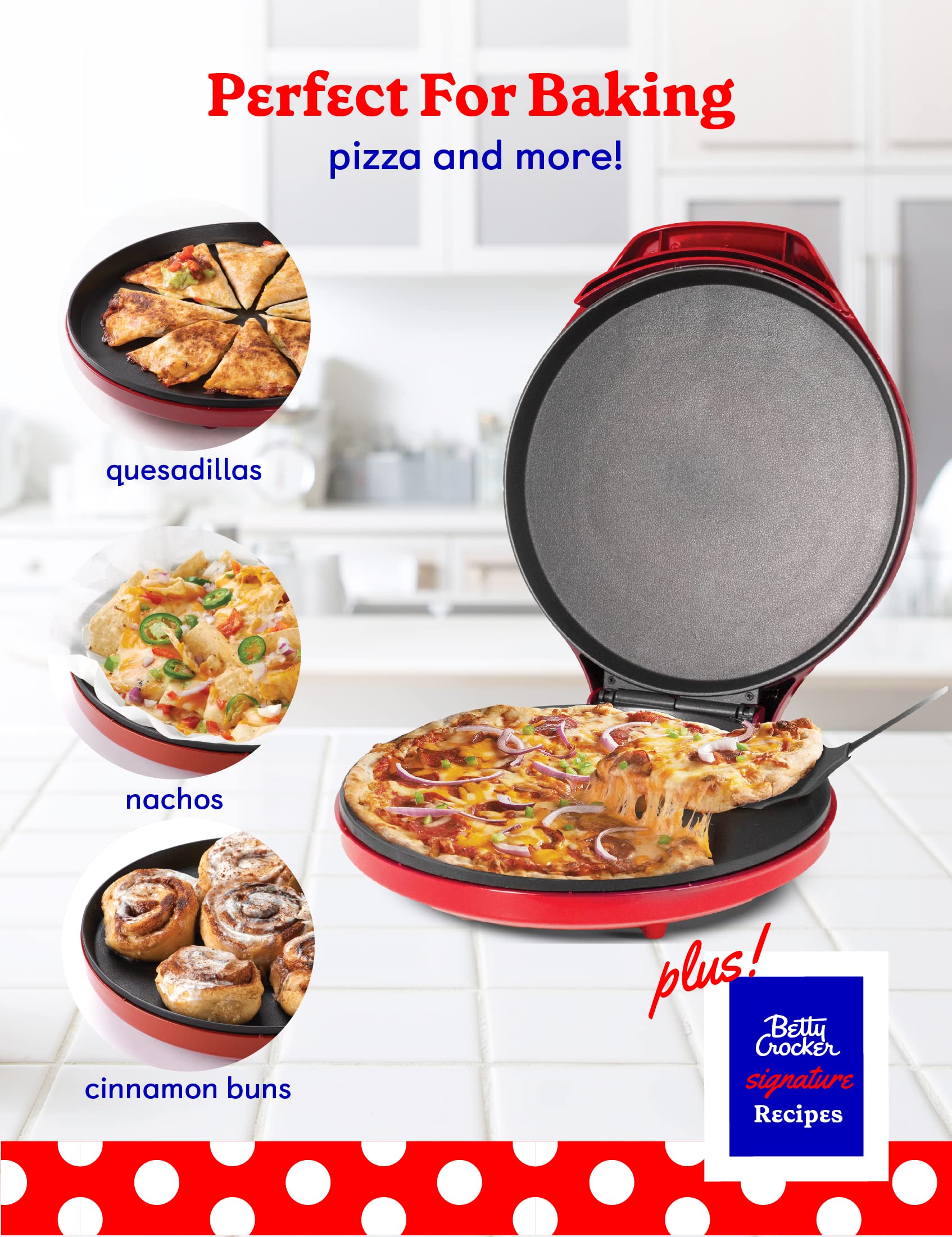 Betty Crocker countertop pizza maker interior view highlighting compact kitchen-friendly design.