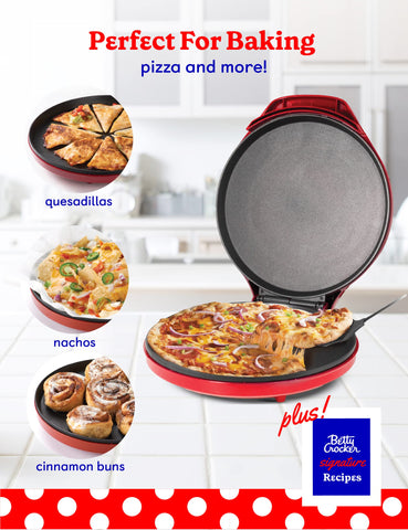 Betty Crocker countertop pizza maker interior view highlighting compact kitchen-friendly design.