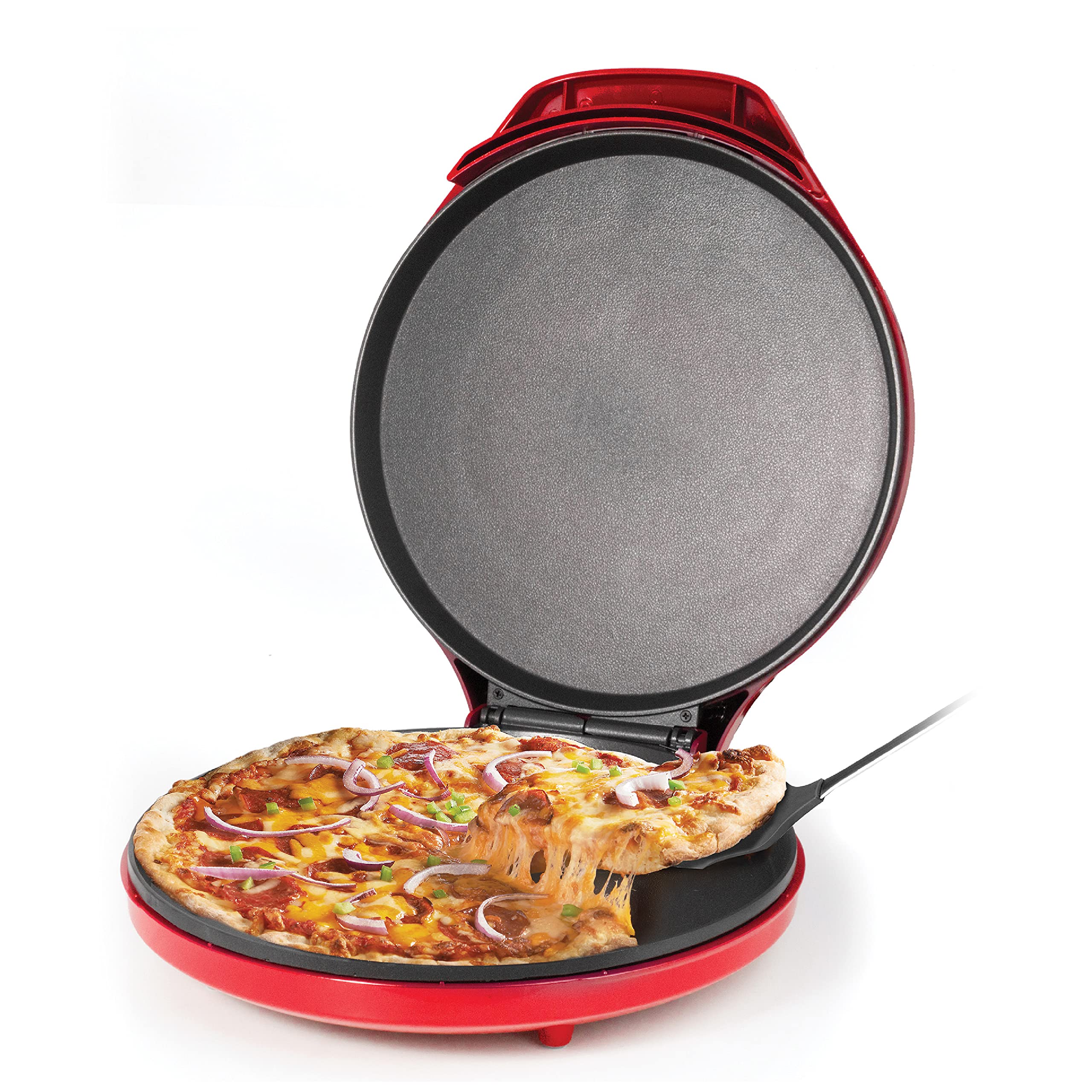 Betty Crocker countertop pizza maker outer view with 12-inch pan for quick, tasty meals.