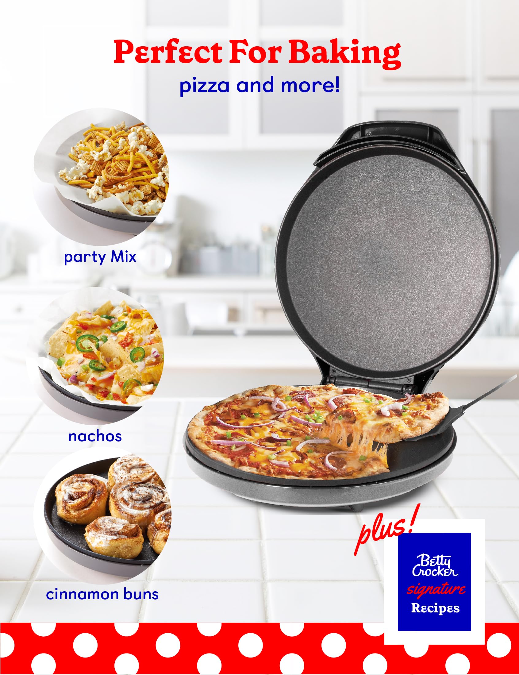 Betty Crocker Pizza Maker Plus on countertop preparing quesadillas with melty cheese.