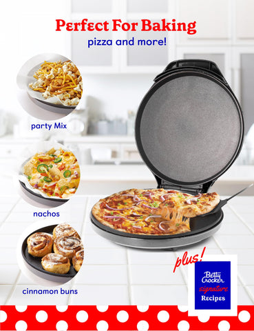 Betty Crocker Pizza Maker Plus on countertop preparing quesadillas with melty cheese.