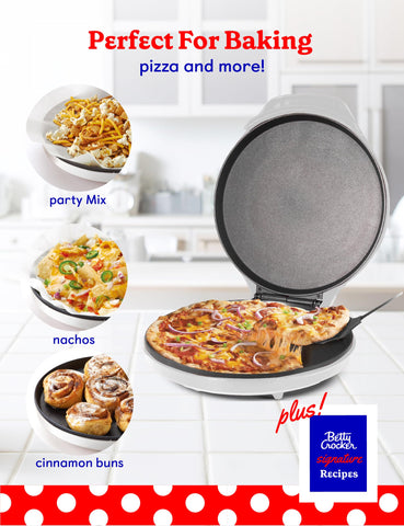 Betty Crocker Pizza Maker Plus open lid demonstrates quick, versatile heating