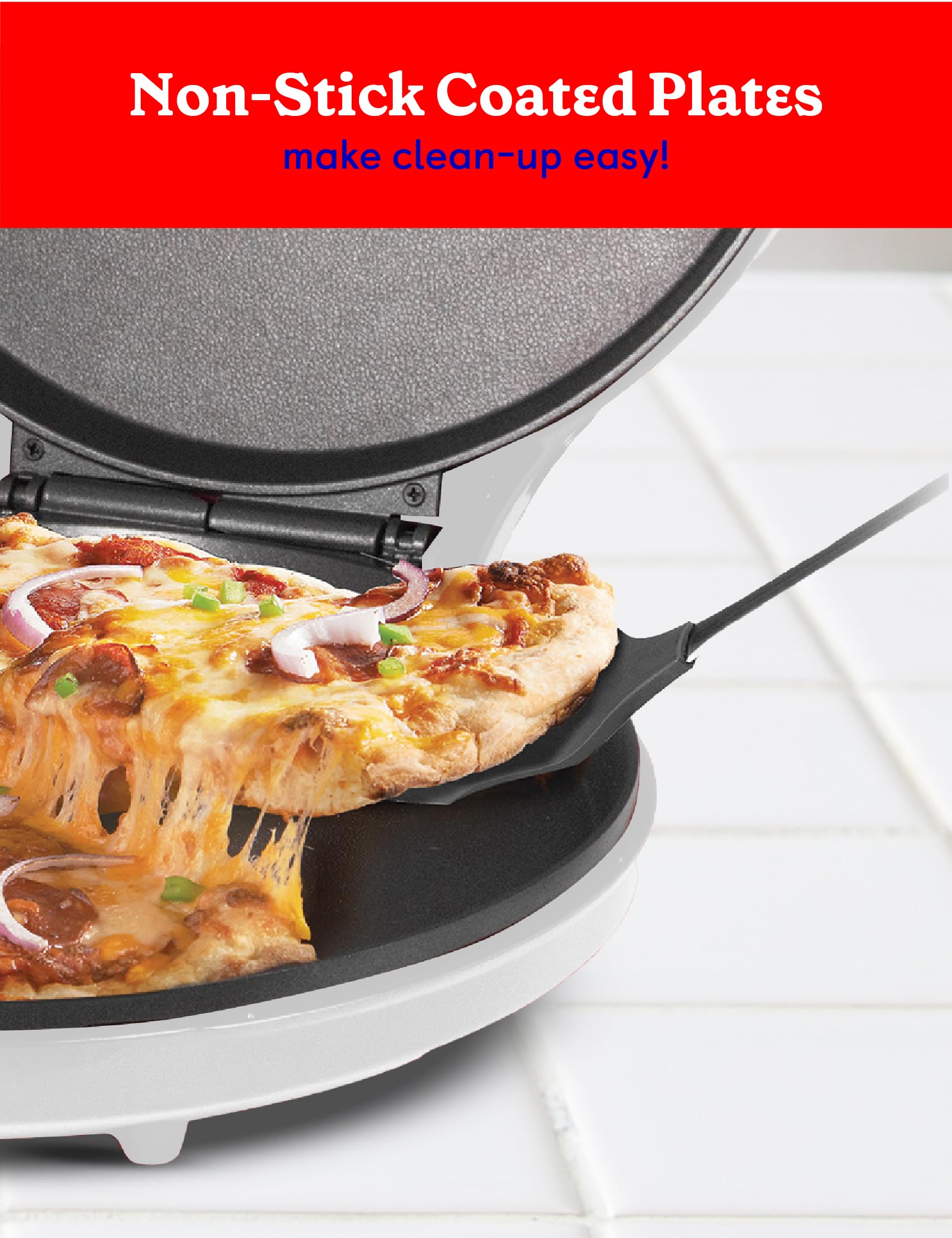 Betty Crocker Pizza Maker Plus pizza on pan ready for family meals