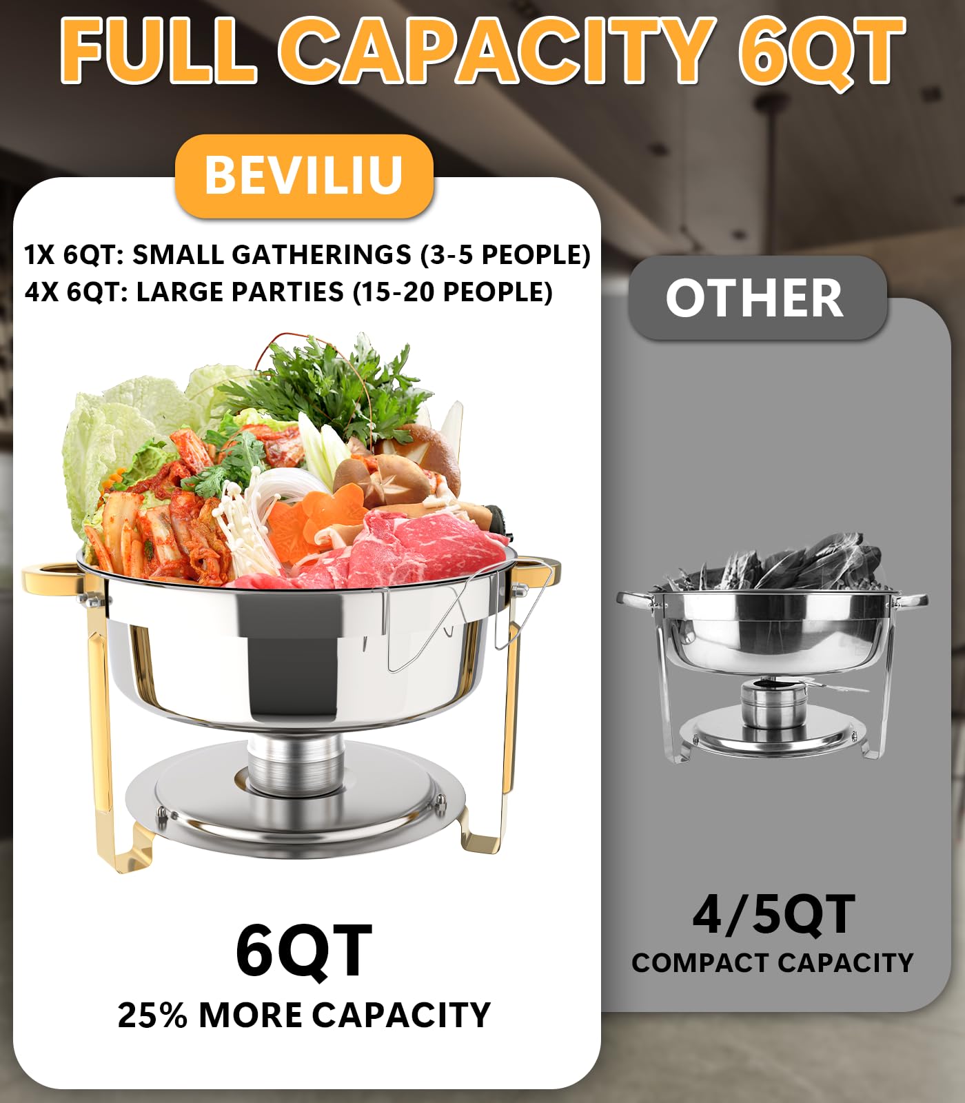 Beviliu gold and silver chafing dishes shown for elegant event presentation.