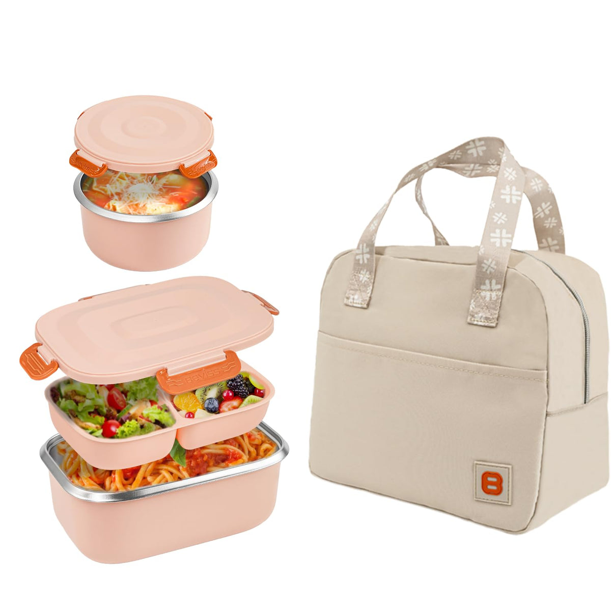 BEVISS pink insulated bento box, front view, durable stainless steel build