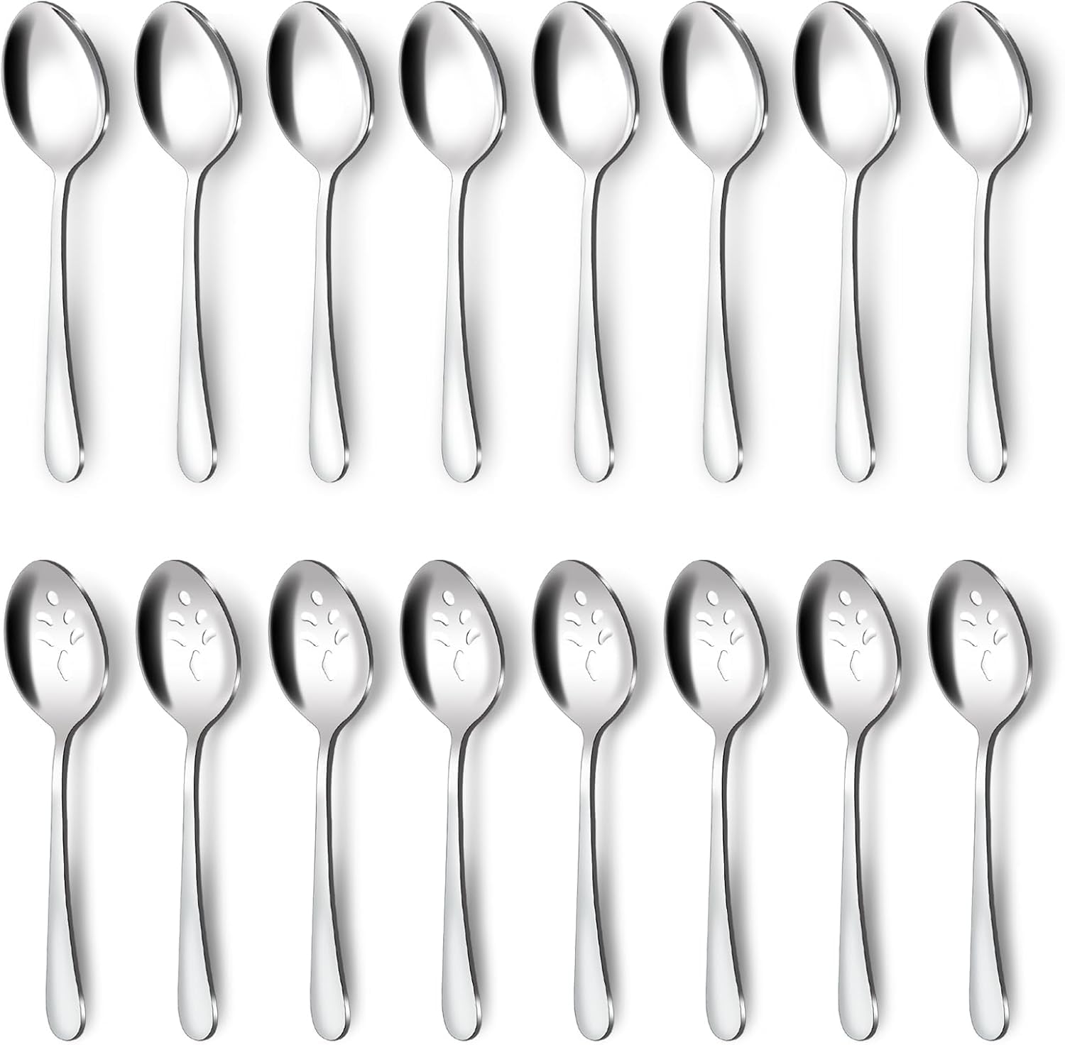 BEWOS 16-piece serving spoons set with eight spoons, ideal for buffet service.