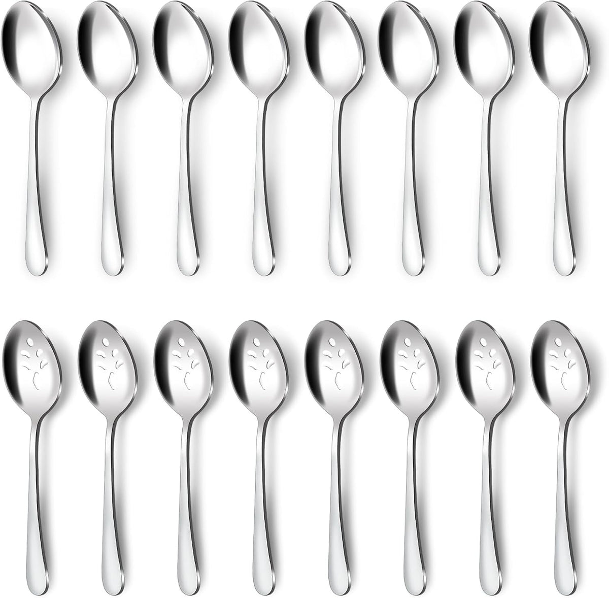 BEWOS 16-piece serving spoons set with eight spoons, ideal for buffet service.
