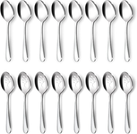 BEWOS 16-piece serving spoons set with eight spoons, ideal for buffet service.