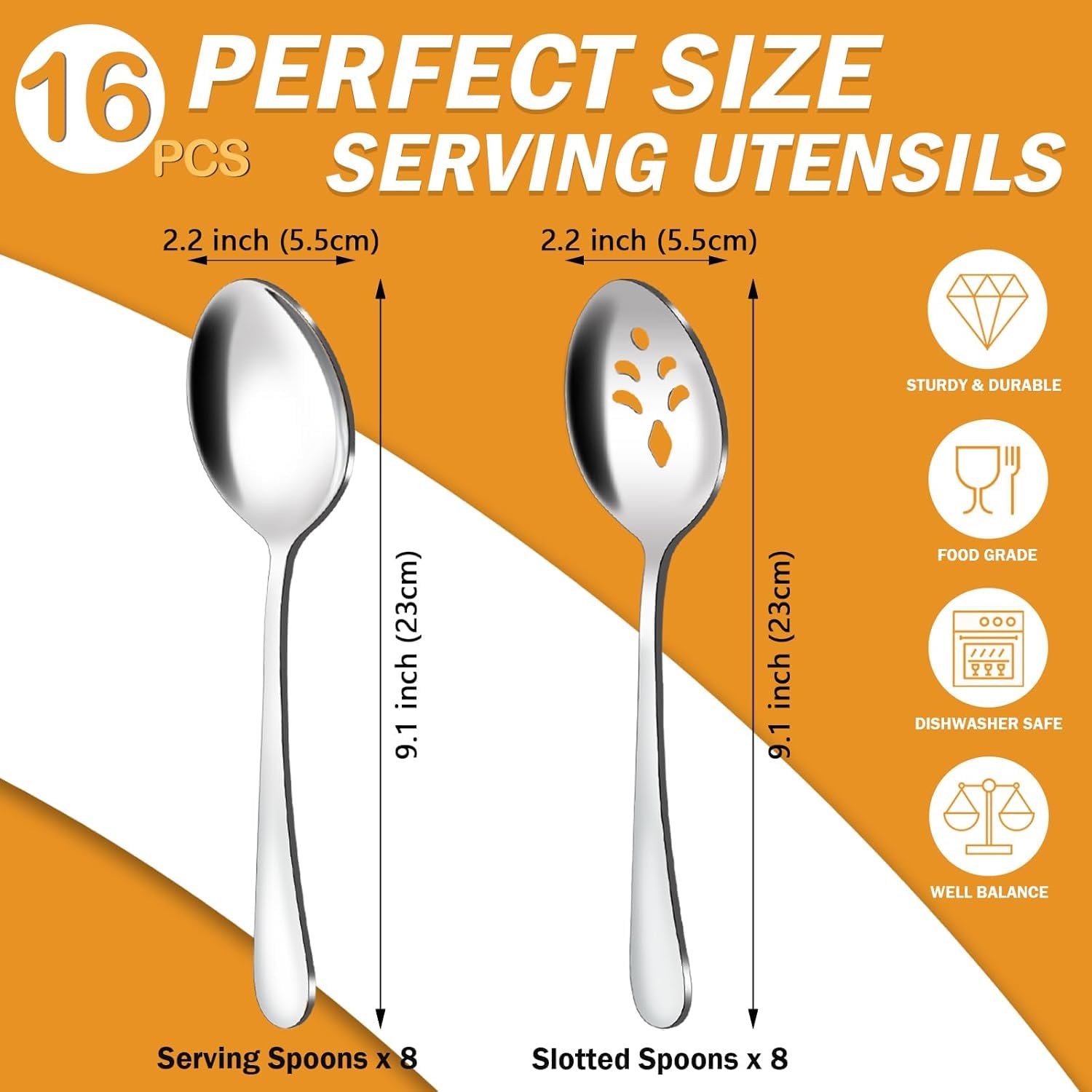 BEWOS eight-slotted spoons drain liquids while serving salads and sides.
