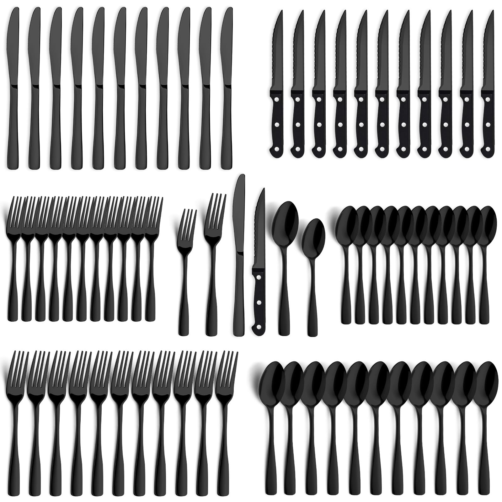 BEWOS 72-piece black silverware set with 12 place settings for elegant dining