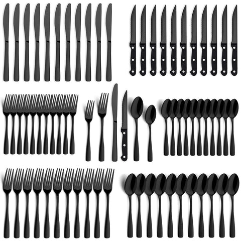BEWOS 72-piece black silverware set with 12 place settings for elegant dining