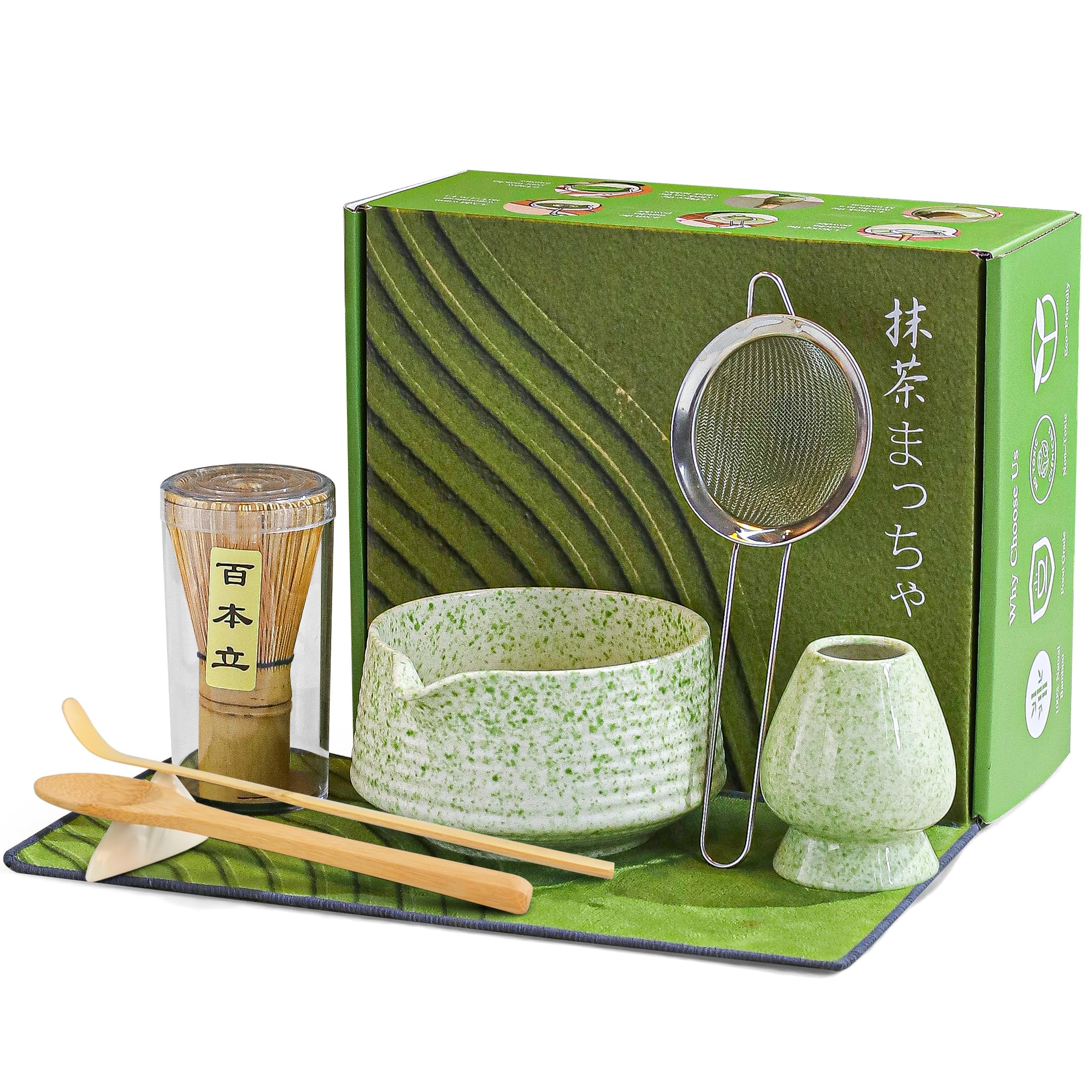 BEWOS 8-Pcs Matcha Set with ceramic bowl and spout for clean pouring