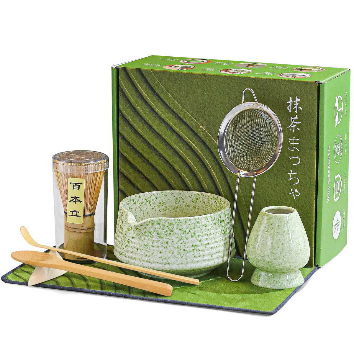 BEWOS 8-Pcs Matcha Set with ceramic bowl and spout for clean pouring