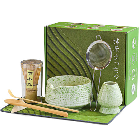 BEWOS 8-Pcs Matcha Set with ceramic bowl and spout for clean pouring
