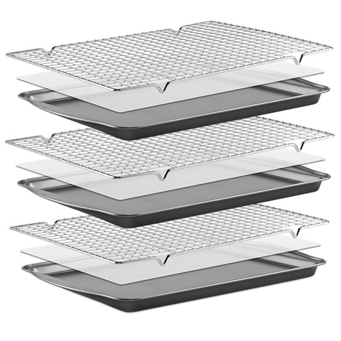 BEWOS baking sheet pans with racks set showing three sheets and three racks for even baking and cooling