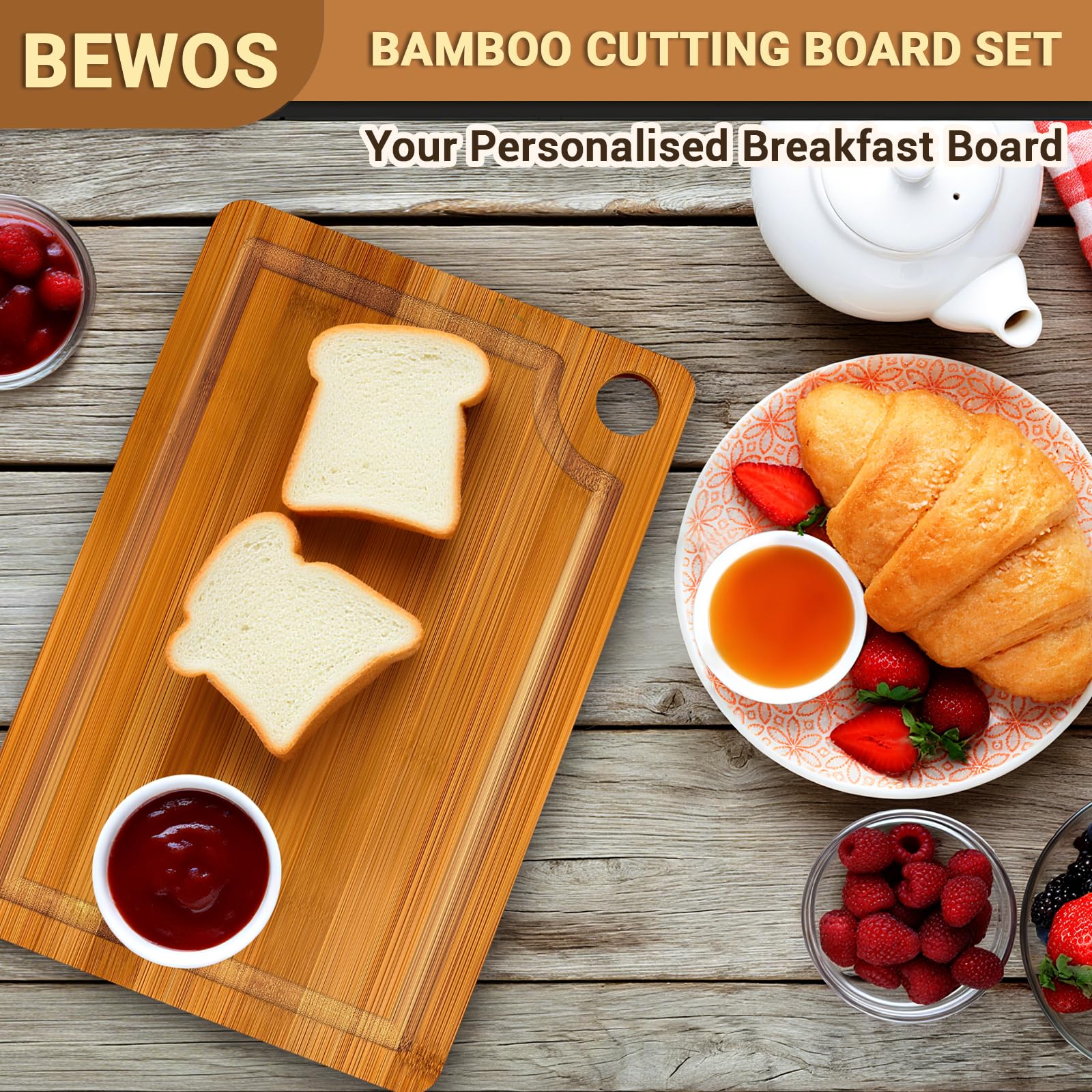 BEWOS bamboo cutting board with built-in handles for easy lifting and transfer.