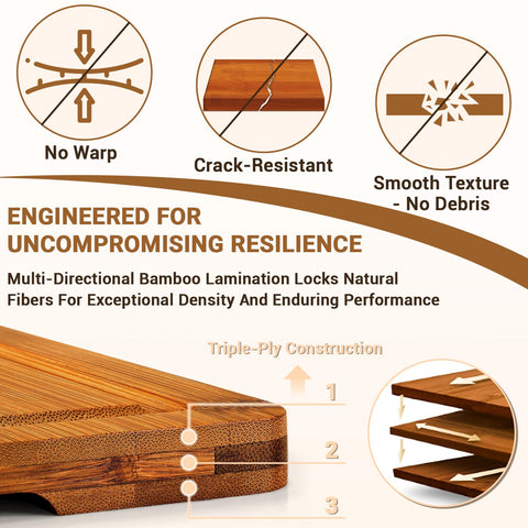 BEWOS bamboo cutting board with juice groove catches liquids for cleaner prep.