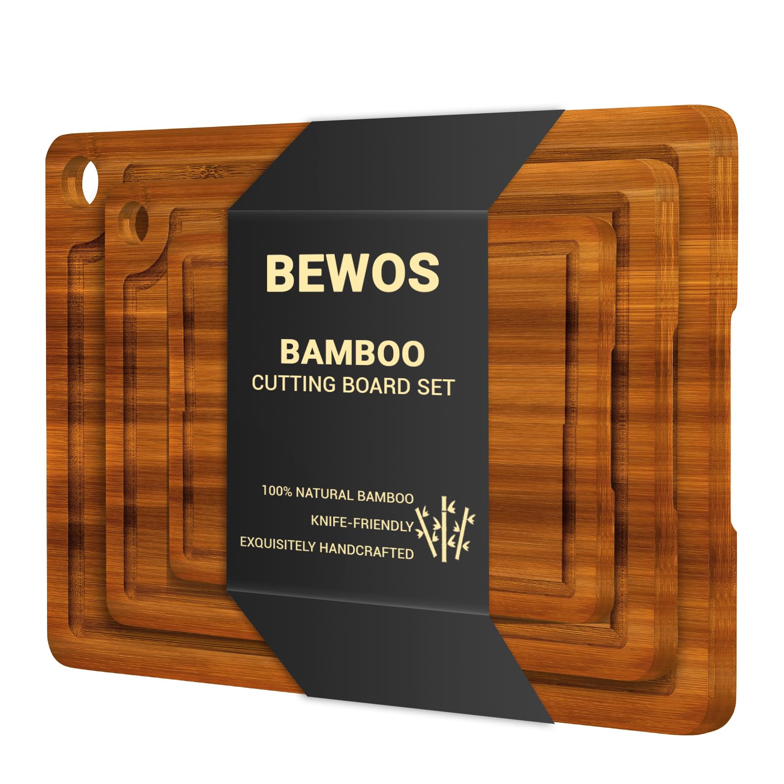 BEWOS bamboo cutting board set large for versatile kitchen prep and serving.