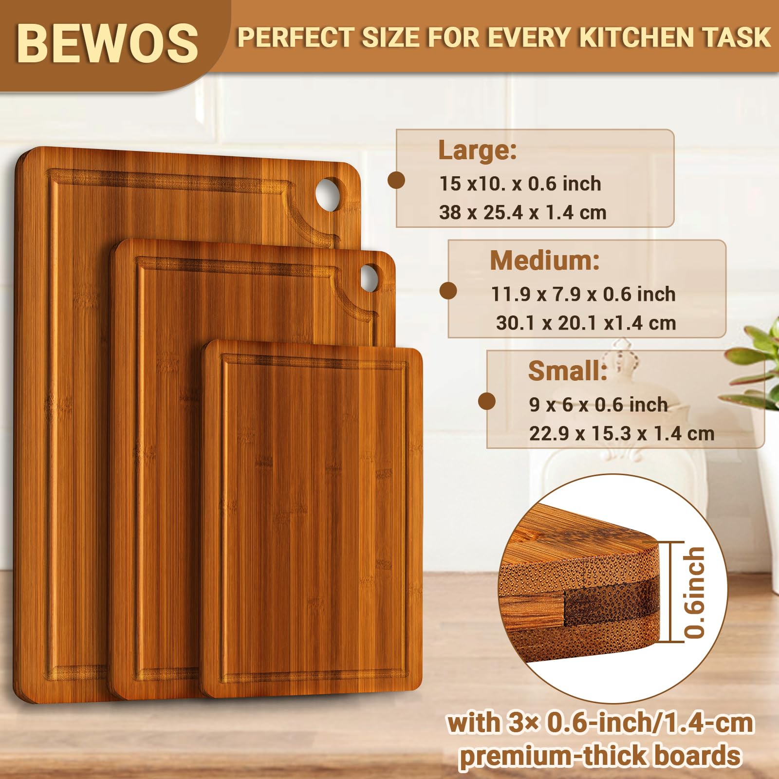 BEWOS bamboo cutting board set medium ideal for meats and marinating.