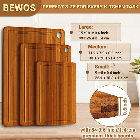 BEWOS bamboo cutting board set medium ideal for meats and marinating.