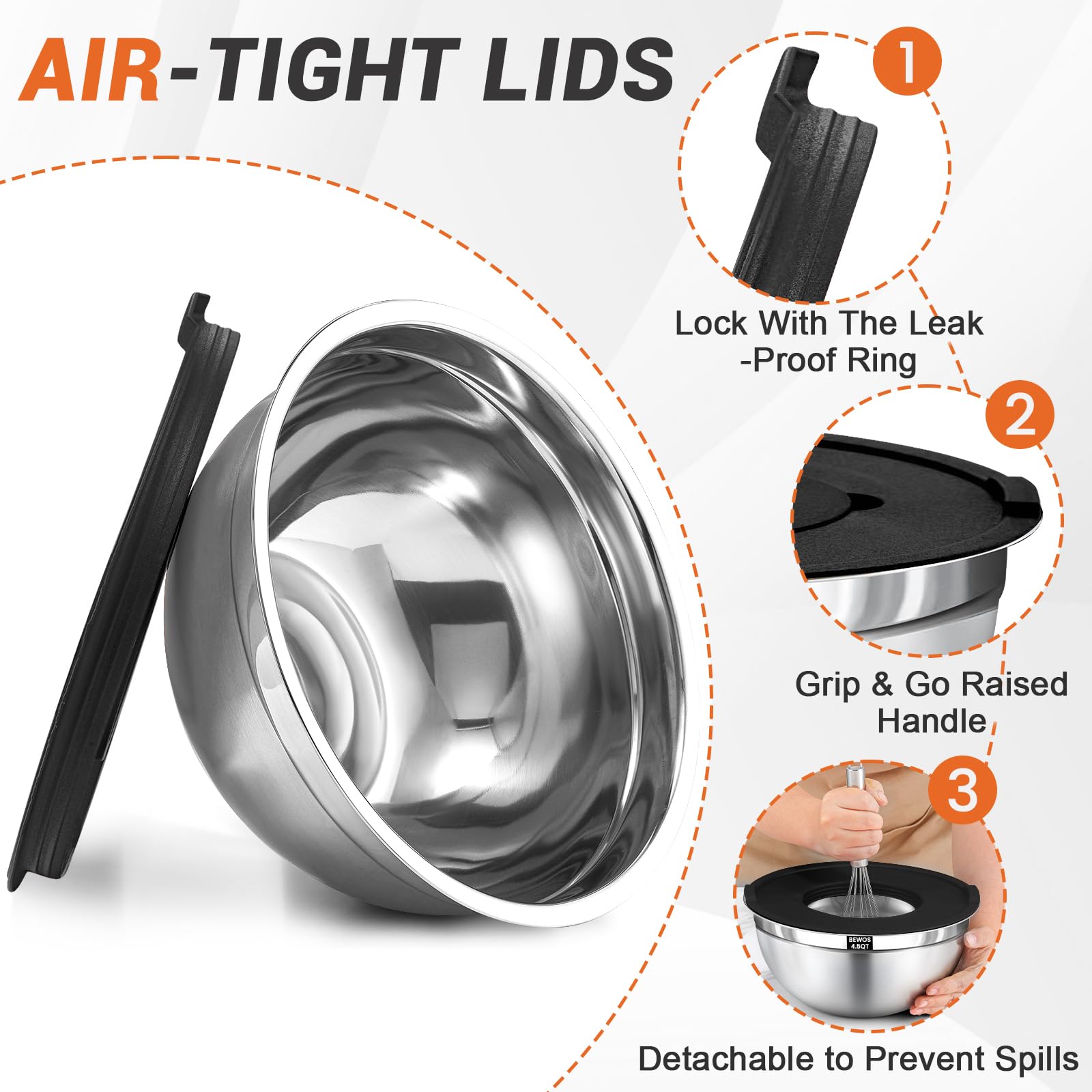 BEWOS clip-on lids lock in freshness and reduce splashes during prep.