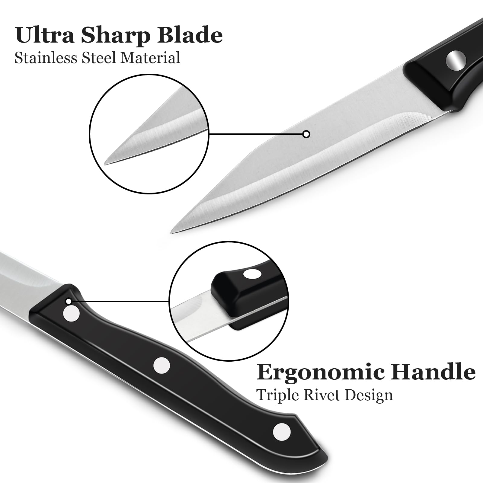 BEWOS ergonomic triple rivet handle on paring knife for comfortable grip