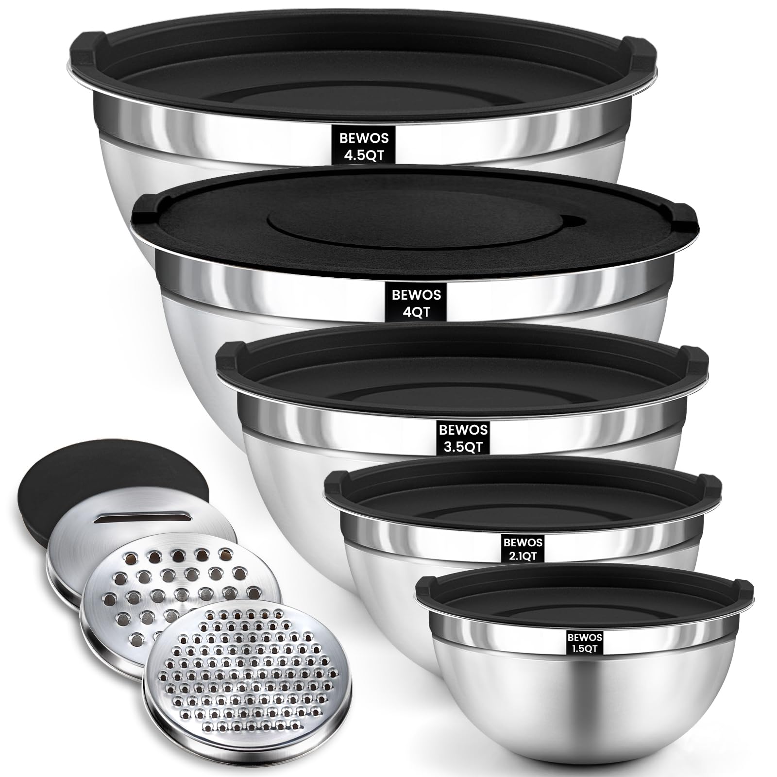BEWOS mixing bowls with lids showcase a sleek nesting design for organized storage.