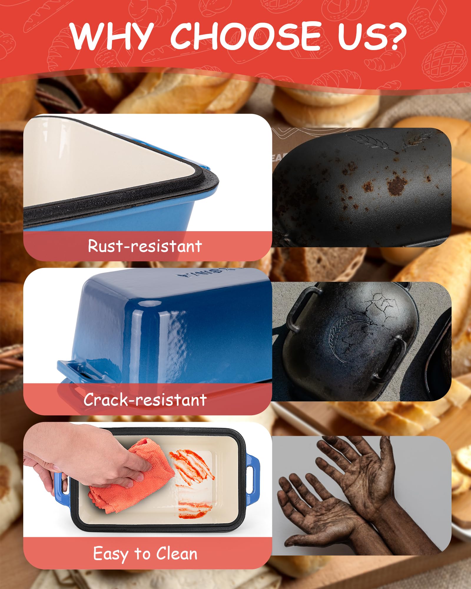 Bexmder loaf pan features sturdy handles for grip.