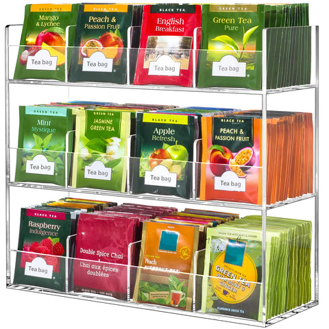 BEYGORM acrylic tea bag organizer with 216-bag capacity neatly displays on a counter