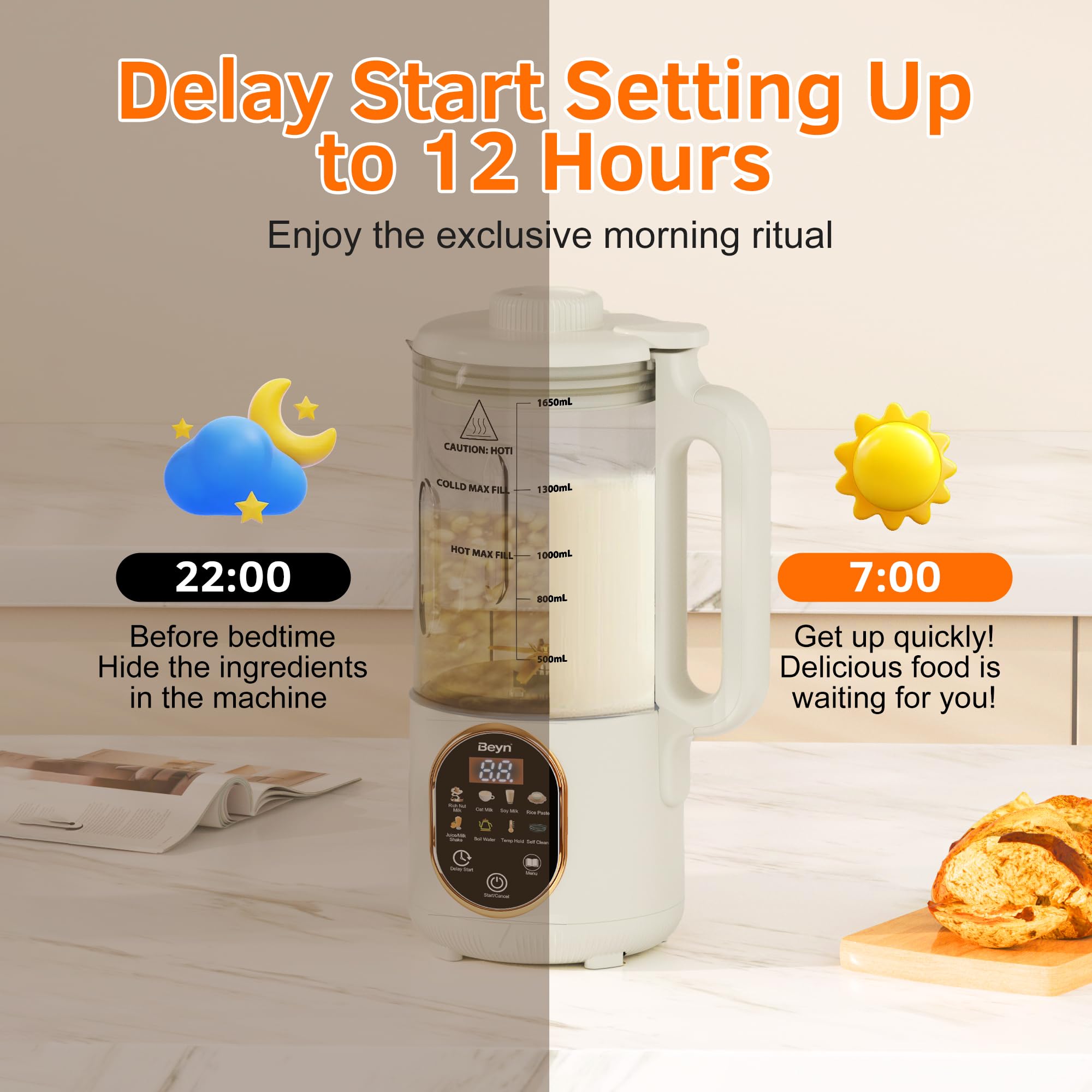 Beyn delay-start 12-hour option for ready beverages.