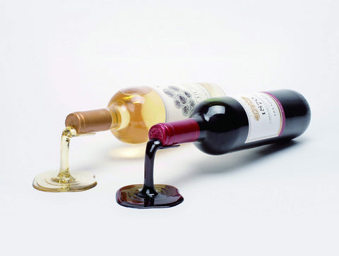 Beyond123 red spill wine bottle holder, angle view adds playful kitchen display