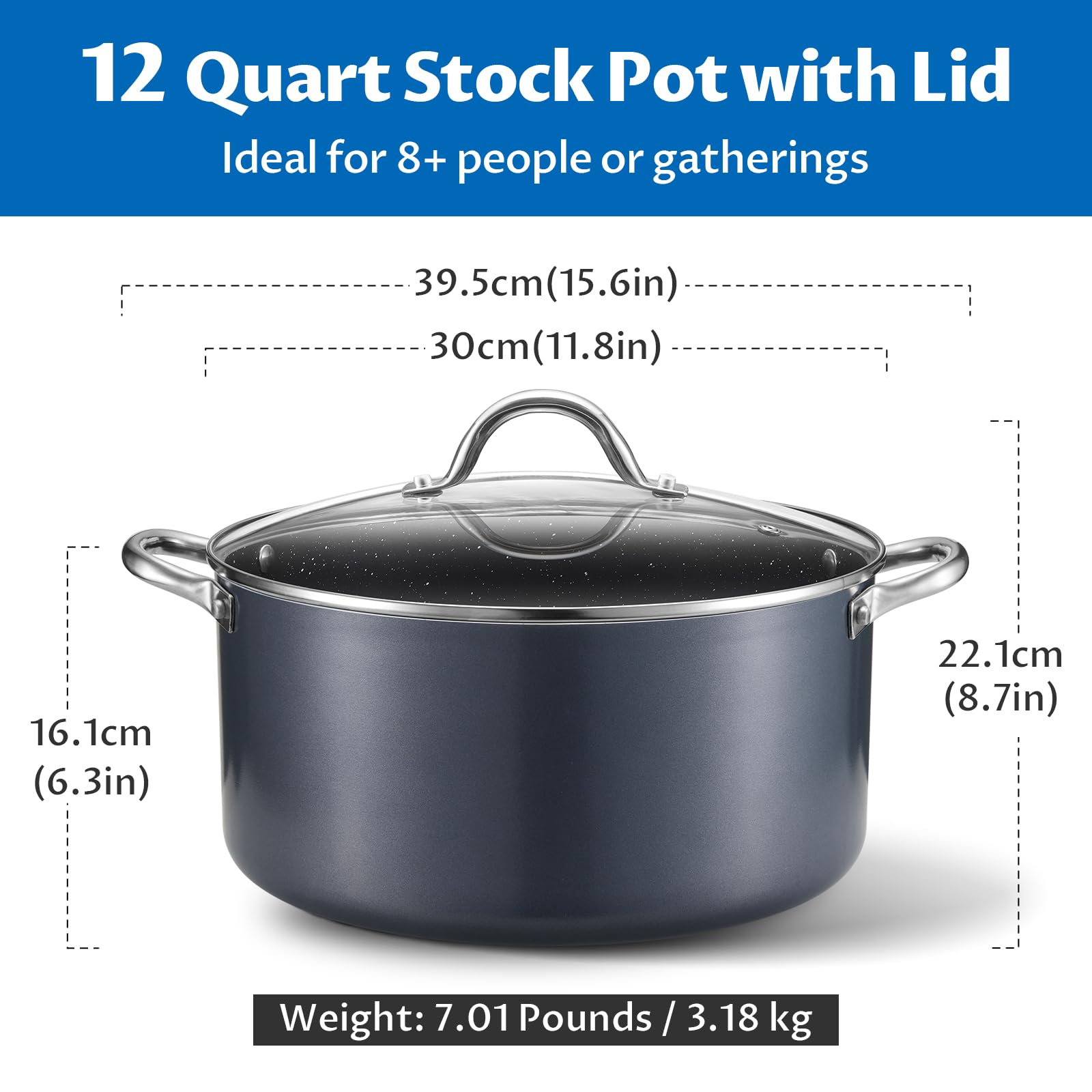 BEZIA 12-qt pot handle close-up showing ergonomic grip for safe lifting