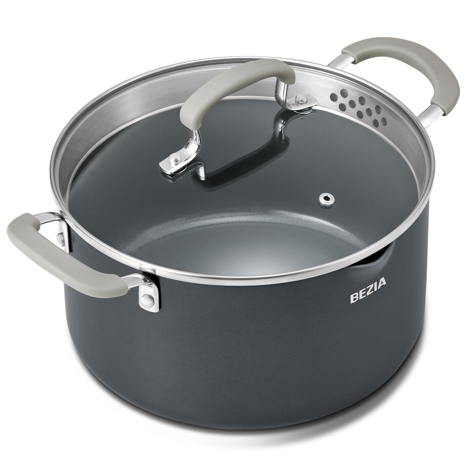 BEZIA 6qt stock pot with lid on stove, promoting even heating for hearty soups.