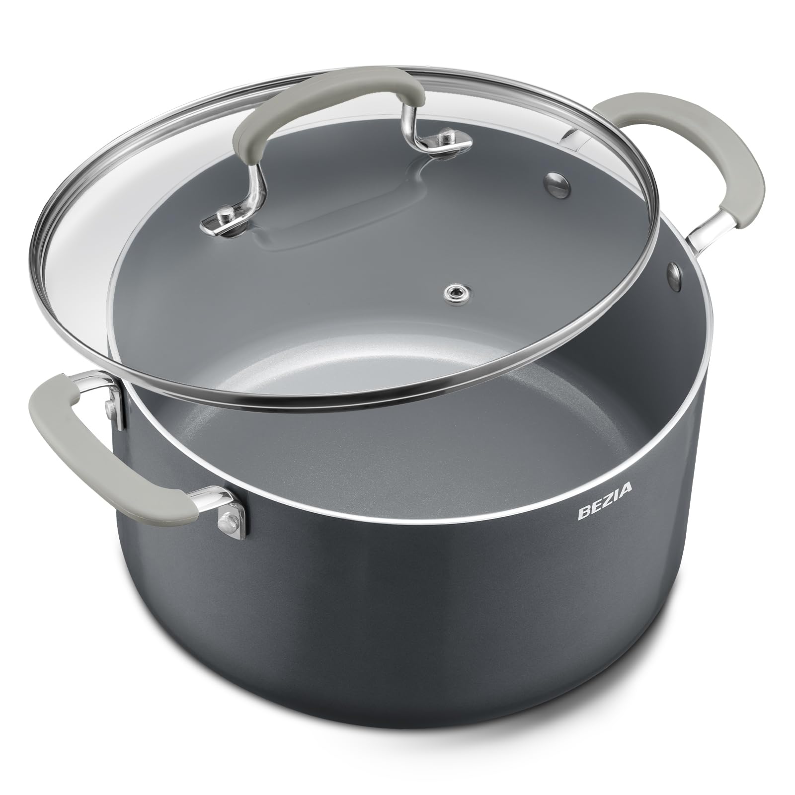 BEZIA 8-Quart stock pot with lid on stovetop showing even heating for flavorful soups.