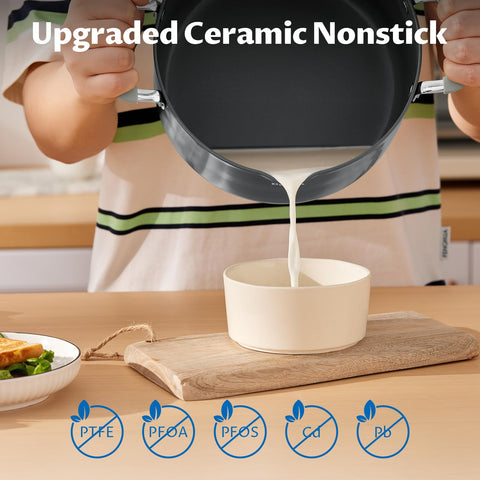BEZIA ceramic nonstick surface releases pasta and sauces for quick cleanup.