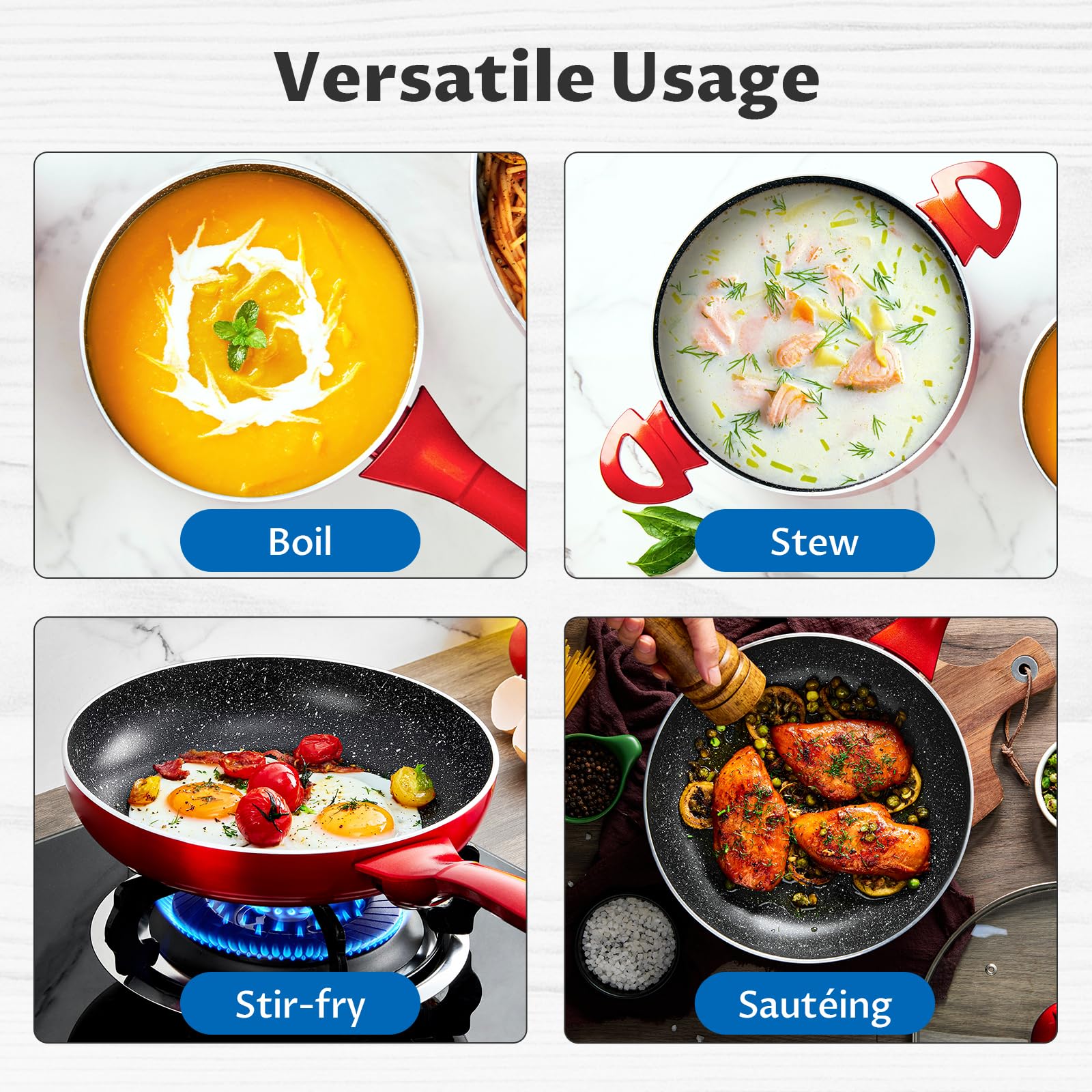 BEZIA 10 piece set covers frying, saucing, and stockpot needs.