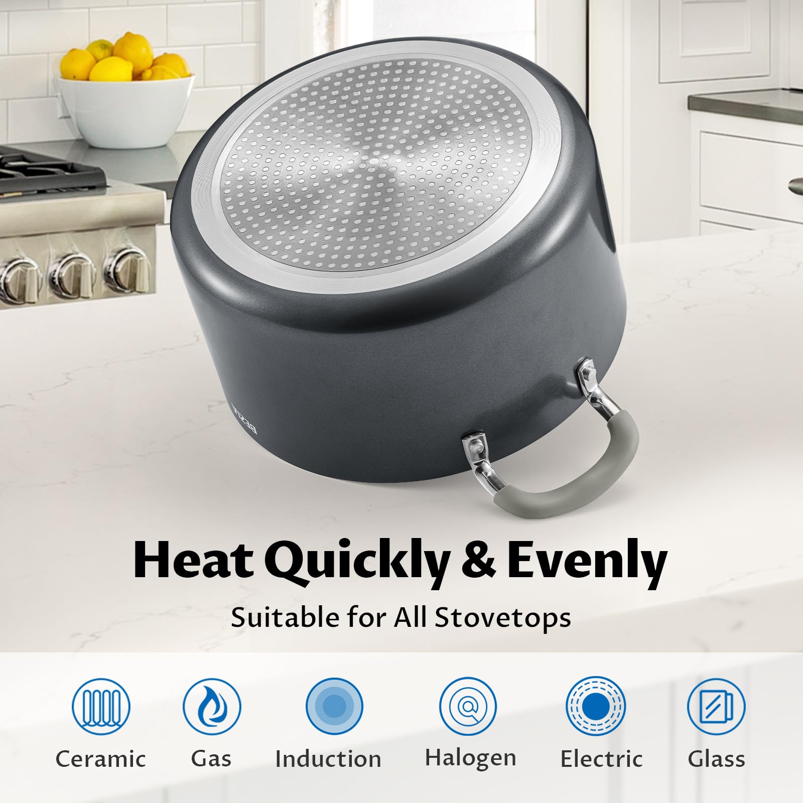 BEZIA induction-compatible pot works on all cooktops for versatile kitchens.