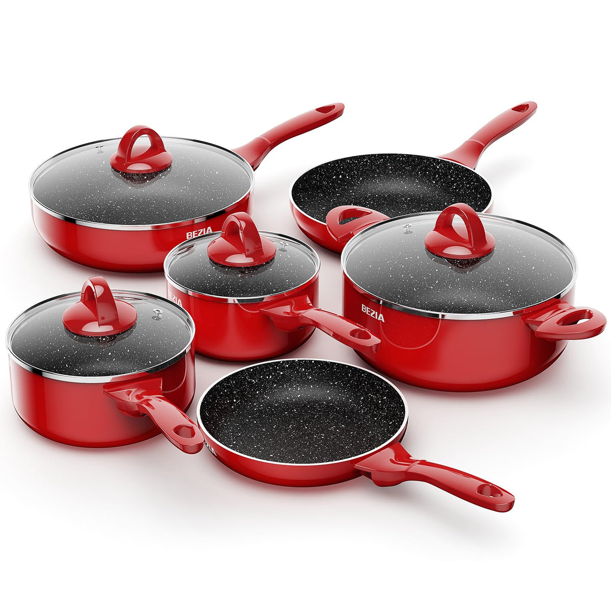 BEZIA induction set with nonstick coating for effortless food release.