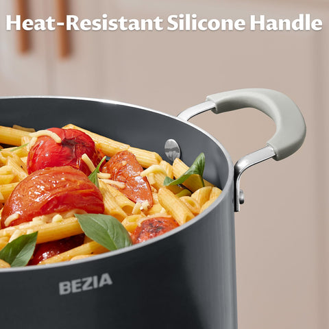 BEZIA silicone-handle stock pot stays cool for safe, comfortable lifting