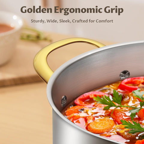 BEZIA ergonomic golden handles on the stock pot for easy grip