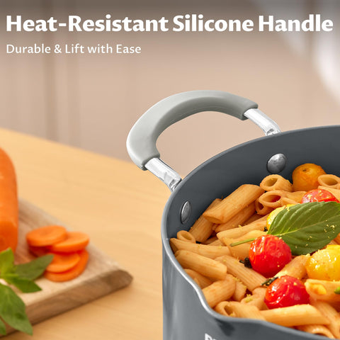 BEZIA stock pot with cool silicone handle stays safe during high-heat simmering.