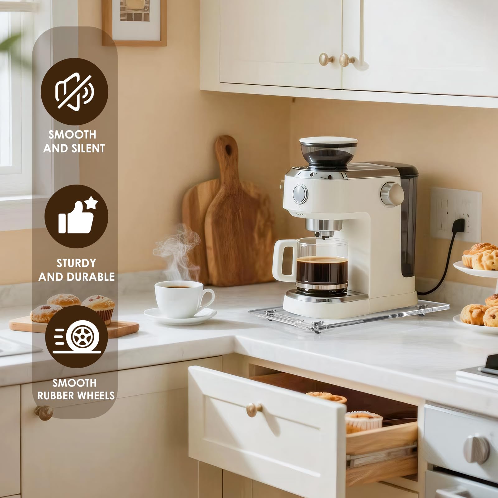 BEZONO silent rubber wheels glide smoothly across countertops with minimal noise.