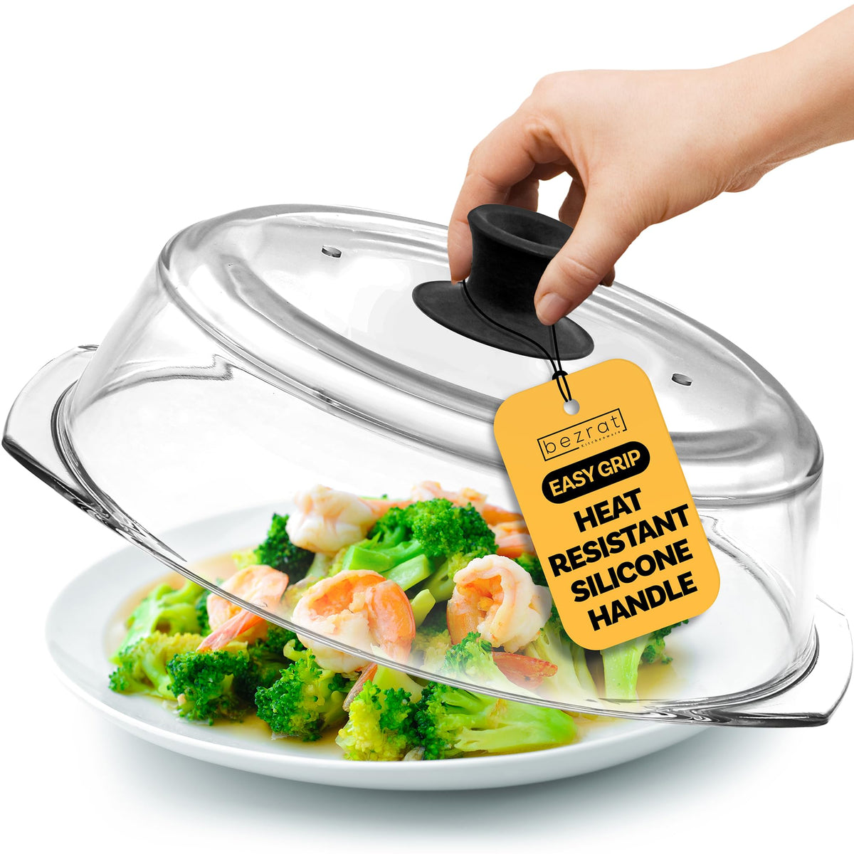 Bezrat microwave tall glass plate cover over a plate to prevent splatters during reheating.