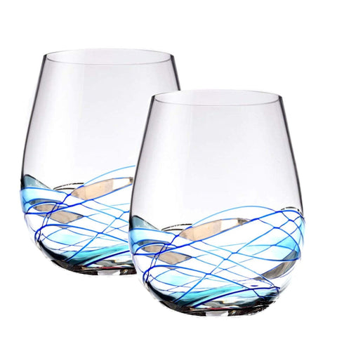 Bezrat stemless wine glasses with blue hand-painted details for elegant entertaining.